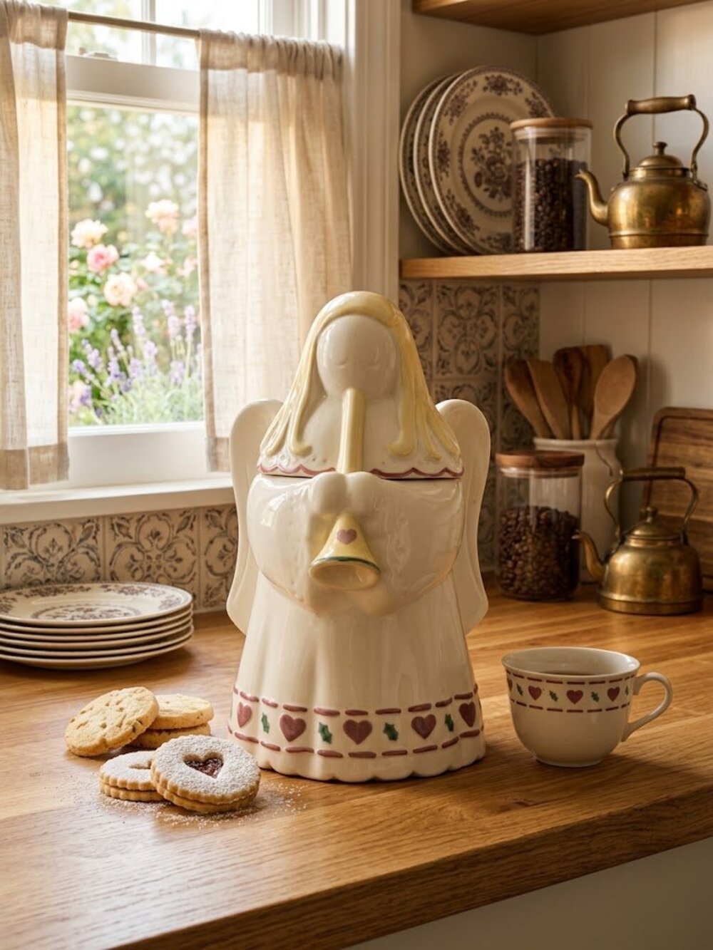 COOKIE JAR Angel Horn Noel Treasure 1990 White Matte Large Heavy Thick Ceramic